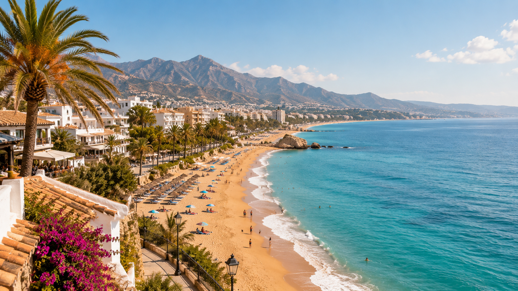 Costa del Sol en Marbella con palmeras, playa de arena dorada y montañas al fondo
